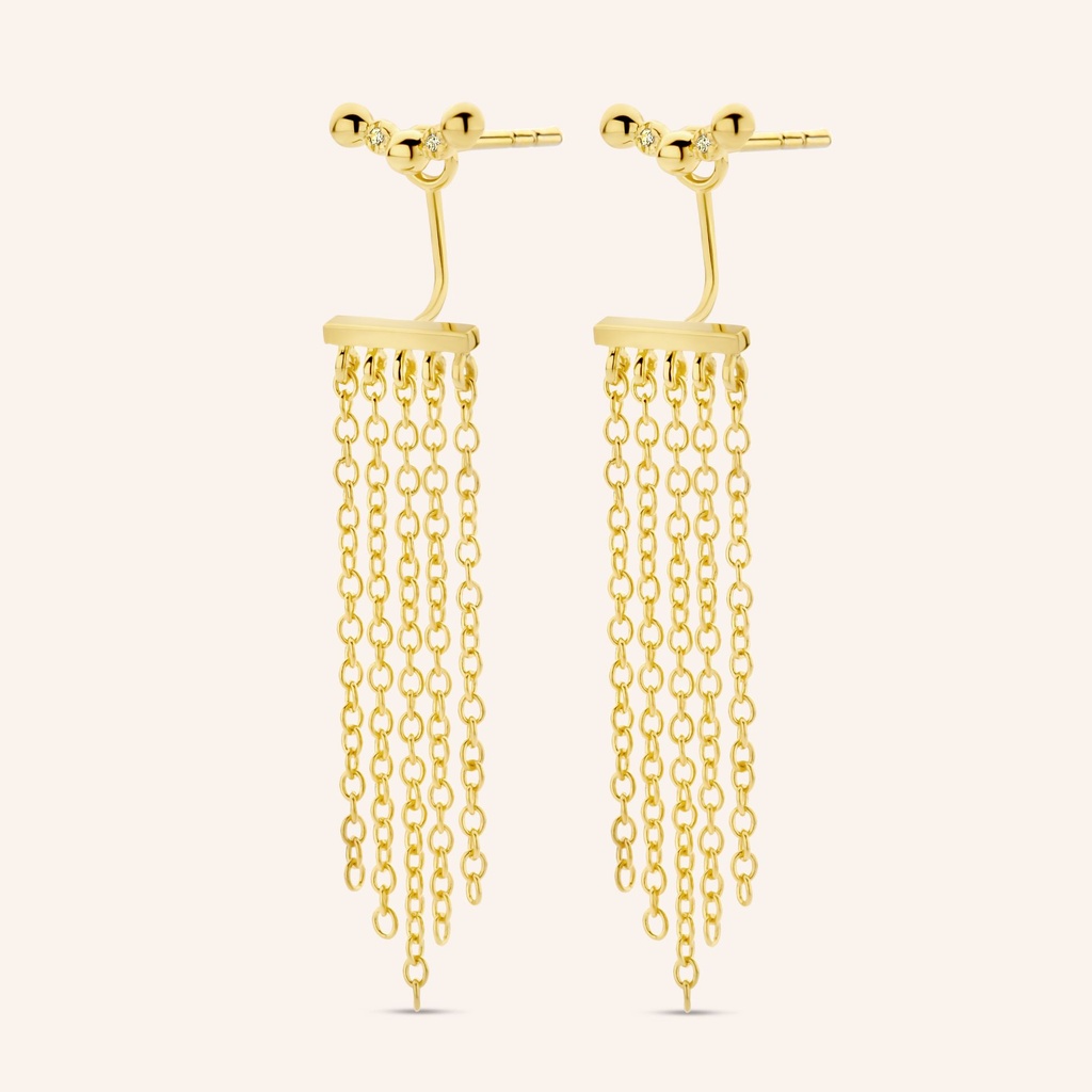 A dainty diamond (4x) curve stud-piece, accessorized with a waterfall of chains – inspired by the calmness of a gentle breeze and soft waves as they break upon the shore. STYLING TIP To be worn with or without its chain accessory, this versatile pair of earrings also doubles as everyday diamond studs. Create a continuous ﬂow of diamonds by mixing the wave single stud as an additional piercing to the mix.
